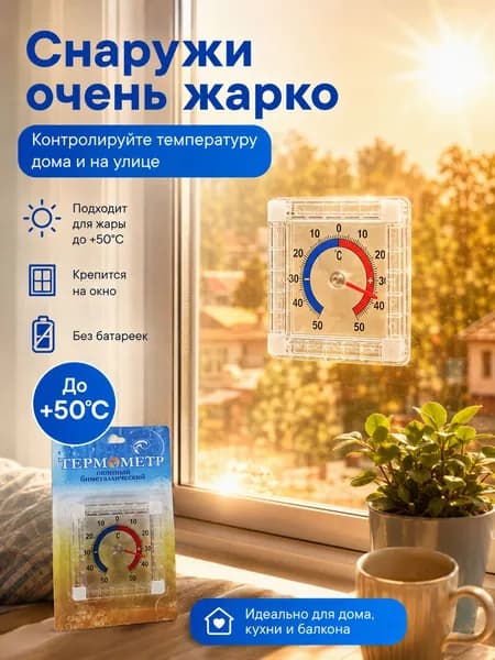 Термометр уличный, оконный, пластиковый. Градусник биметаллический квадратный на клейкой ленте