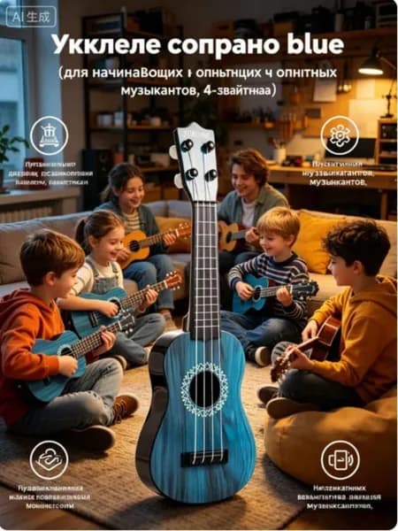 Укулеле сопрано 4 струнная, для начинающих, темно синий