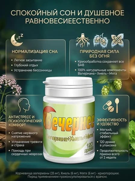 Вечернее Валериана+Хмель+Мята №120: Сон и Спокойствие в Одной Упаковке