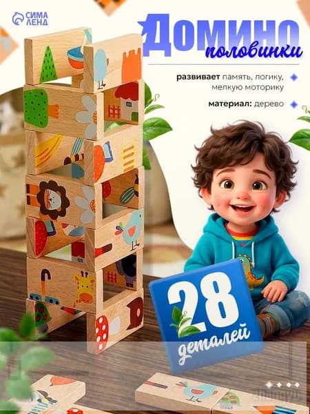Домино детское деревянное / развивающие игрушки / "Половинки"