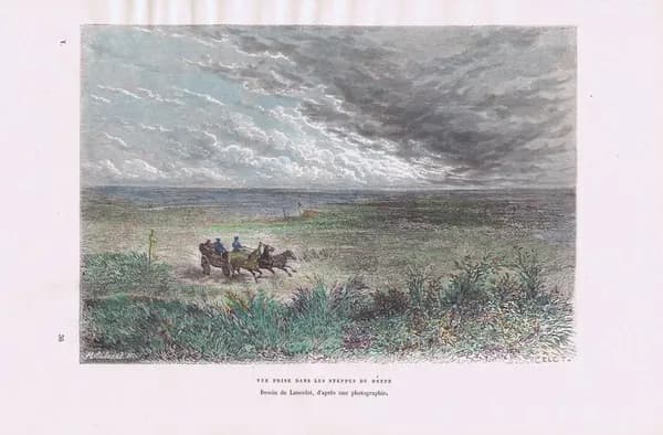 Днепровские степи. Антикварная гравюра (ксилография, акварель). Франция, 1880 г.