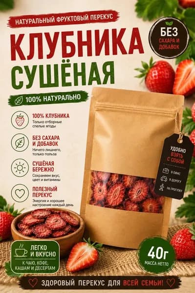 Клубничные чипсы 100% натуральные без сахара и масла, сушеная клубника, фруктовые снеки, ПП перекус, для детей и взрослых, 40 г