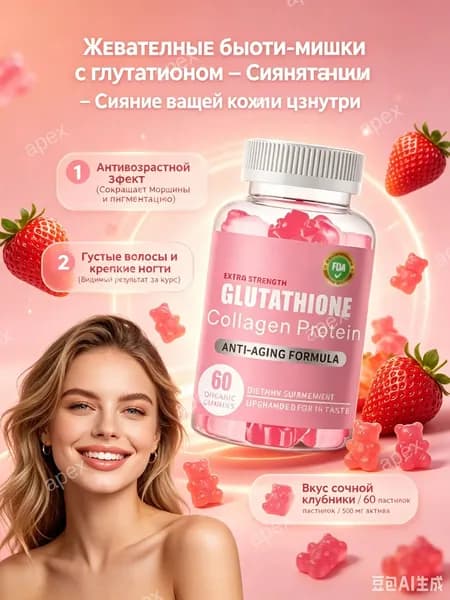 Жевательные витамины для женщин, коллаген с глутатионом-60шт, антивозрастной бьюти-комплекс для кожи/волос/ногтей