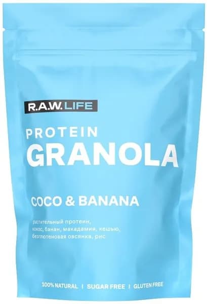 Гранола протеиновая R.A.W. LIFE Кокос-банан без сахара без глютена, 220г