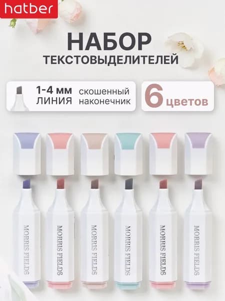 Набор текстовыделителей Hatber Morris Fields 6 цв., клиновидный пишущий узел, в пластиковом кейсе