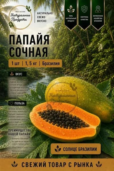 Папайя свежая, Бразилия, 1шт 1,5, кг сладкая, сочная, для смузи и десертов