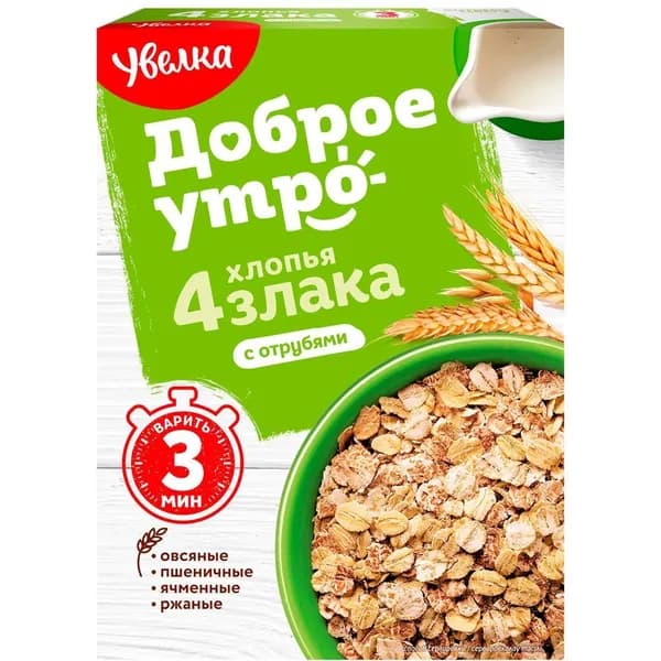 Хлопья Увелка "Доброе утро" 4 злака с отрубями, 350 г