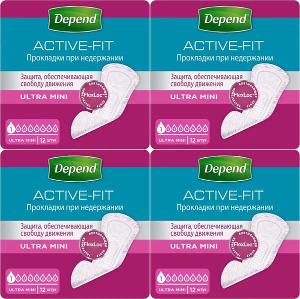 Урологические прокладки Depend Ultra Mini, комплект: 4 упаковки по 12 шт