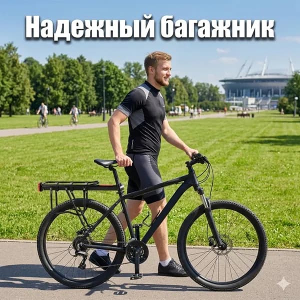 Багажник для велосипеда задний, алюминиевый быстросъемный усиленный, до 80 кг со светоотражателем и жгутом