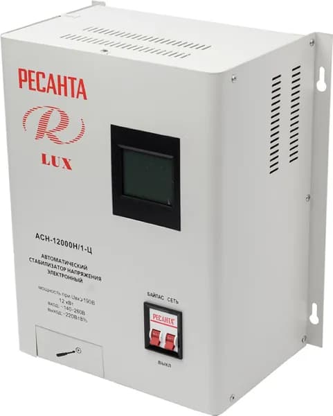 Стабилизатор напряжения Ресанта LUX АСН-12000Н/1-Ц однофазный, релейный, настенный, 140-260В, 50Гц, 12кВт / электрика