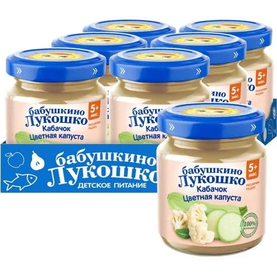 Пюре Бабушкино лукошко кабачок цветная капуста, с 5 месяцев, 100 гр., 6 шт.