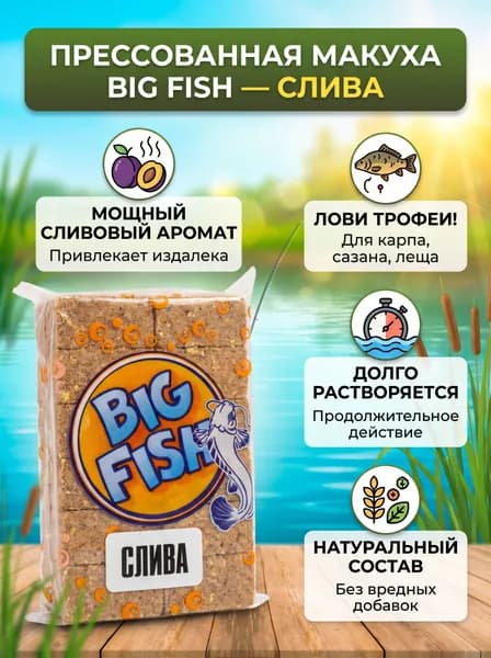 ЖМЫХ твердый "НА ВОЛГУ" - "Слива", 400 грамм (12 кубиков), макуха кукурузная для рыбалки с отверстиями для крючка, прикормка рыболовная, BigFish