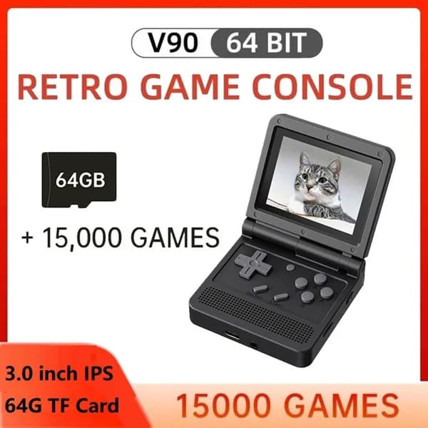 A2(P A E Q) Новая версия V90 Игровая консоль в стиле ретро с открытым исходным кодом 3,0-дюймовый IPS ЖК-дисплей 320 X 240 64 ГБ ПЗУ Встроенные 15000 игр (черный)