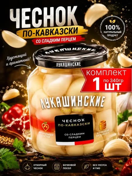 Чеснок соленый По-кавказски, настоящий бочковой, Лукашинские 340г