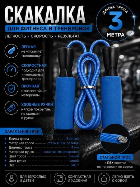 Скакалка спортивная для фитнеса, 3м. Синий