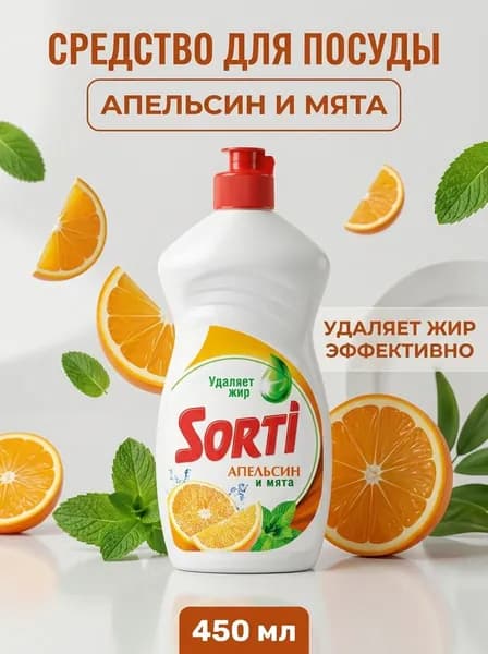 Средство для мытья посуды Апельсин и мята Sorti концентрированное без фосфатов эффективно удаляет жир 450 мл