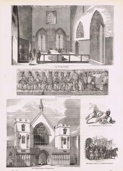 Старая Англия 116. Лондон. Расписанная палата Вестминстерского дворца и вход в Вестминстер-холл, похороны Ричарда II, менестрели, рыцарский турнир. Антикварная гравюра (ксилография). Англия, 1864 год