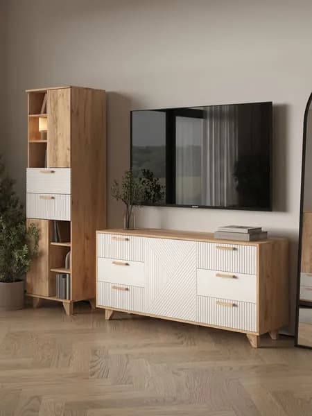 Гостиная комплект Ньерд, комод, стеллаж, 205х41х186 см, Дуб Вотан / Белый