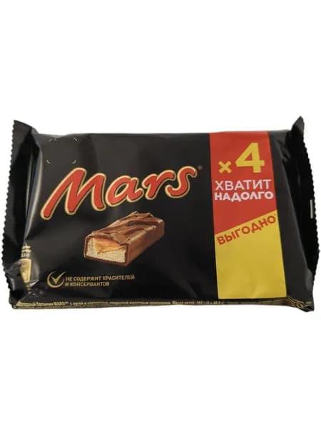 Шоколадные батончики MARS с нугой и карамелью, покрытые молочным шоколадом 162 гр. ( 4 батончика по 40,5 гр.)