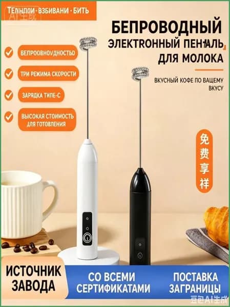 Капучинатор беспроводной электрический, вспениватель молока для кофе, миксер для напитков и матча с 3 скоростями