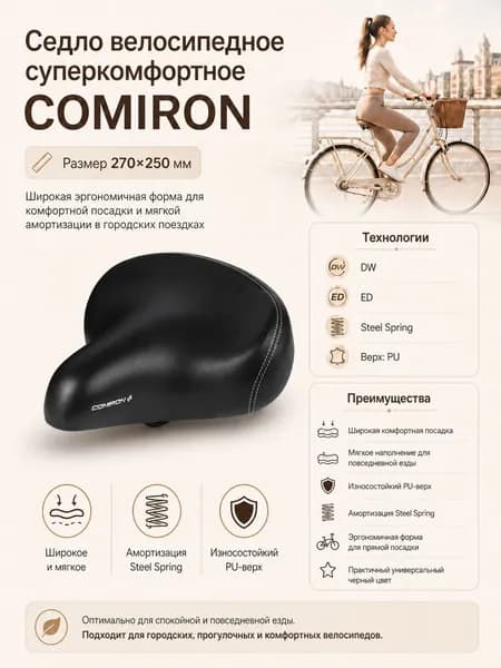 Седло велосипедное суперкомфортное COMIRON 270x250. Технологии: DW, ED, Steel Spring, Верх: PU, Цвет: Черный