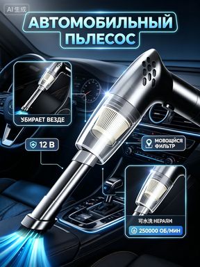 Автомобильный пылесос ручной проводной 12В, с HEPA фильтром и насадками - мощное всасывание для сухой уборки салона авто, чистки сидений и ковриков.
