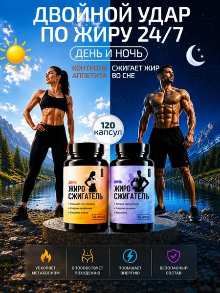 Жиросжигатель для похудения сильный, капсулы День Ночь, эффективное снижение веса и контроль аппетита, блокатор калорий с L-карнитином и кофеином, 60 шт