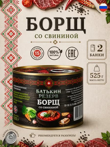 Борщ со свининой Батькин резерв, 525 г х 2 шт