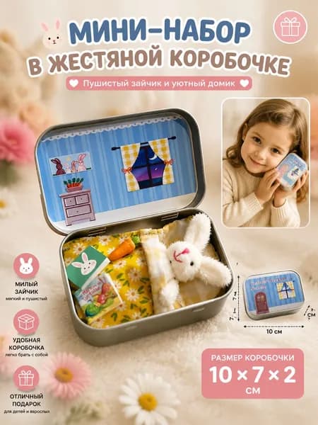 Плюшевый миниатюрный кролик из жестяной коробки