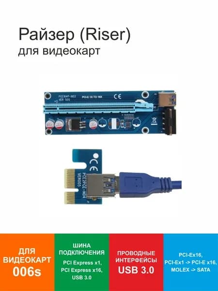 Райзер (Riser) для видеокарт 006s PCI-Ex16 MOLEX