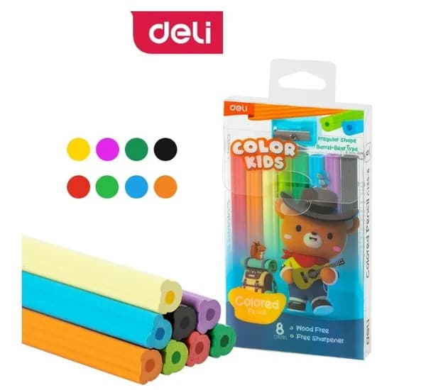 Карандаши пластиковые 8 цветов Deli Color Kids, корпус в виде медведя, точилка в комплекте