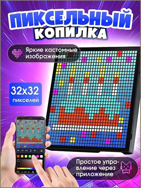 Светодиодный пиксельный дисплей, 32x32 программируемая рамка DIY Dynamic HD со светодиодной панелью и управлением через приложение для игровой комнаты, домашнего украшения, деловой рекламы