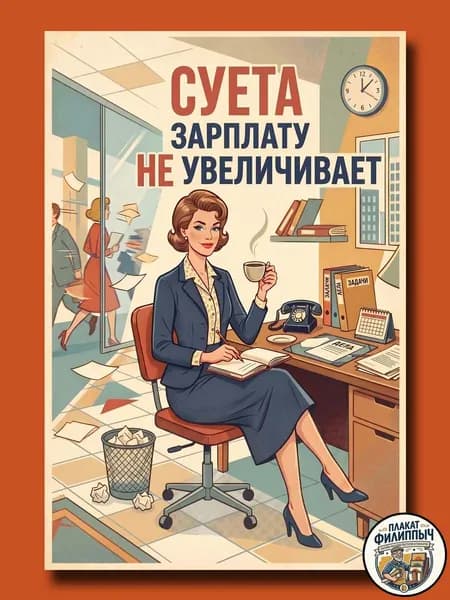 Постер в офис на самоклейке мотивация "Суета зарплату не увеличивает!" - А4