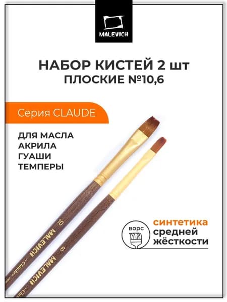 Кисти для рисования синтетика Claude Малевичъ, набор плоские №6, 10, кисточки художественные
