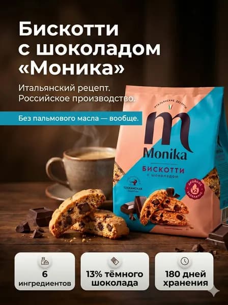 Итальянское печенье кантуччи с шоколадом Бискотти Моника, 200 г - без пальмового масла, хрустящие сухарики к кофе и чаю