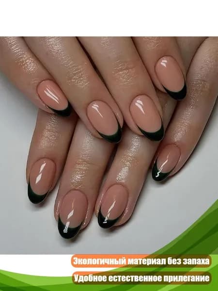 Зеленые черные накладные ногти French Tip миндаль
