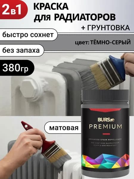 Краска для радиаторов для батарей отопления быстросохнущая без запаха, Темно-серая, 380г