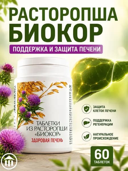 Биокор Таблетки из расторопши 0,5 г 60 шт, витамины для печени, очищение организма от токсинов и защита гепатопротектор
