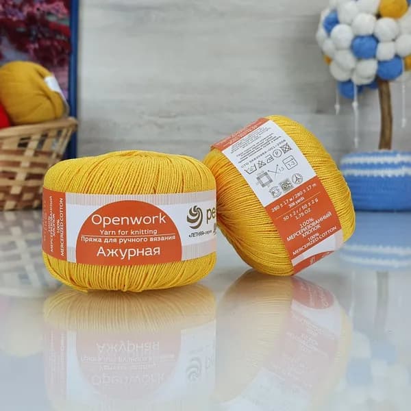 Пряжа Ажурная (Пехорка) - 12 (Желток), 1 моток, (50гр, 280м), 100% мерсеризованный хлопок, нитки вязальные