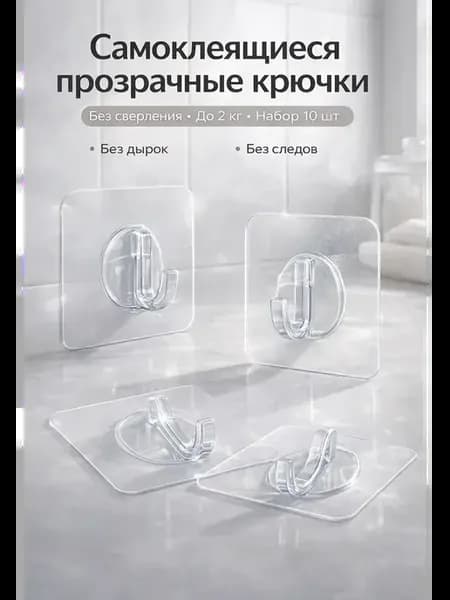 Крючки самоклеящиеся прозрачные без сверления 10 шт