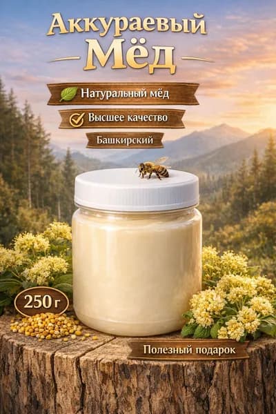 Аккураевый мед, натуральный, без сахара, 250грамм.