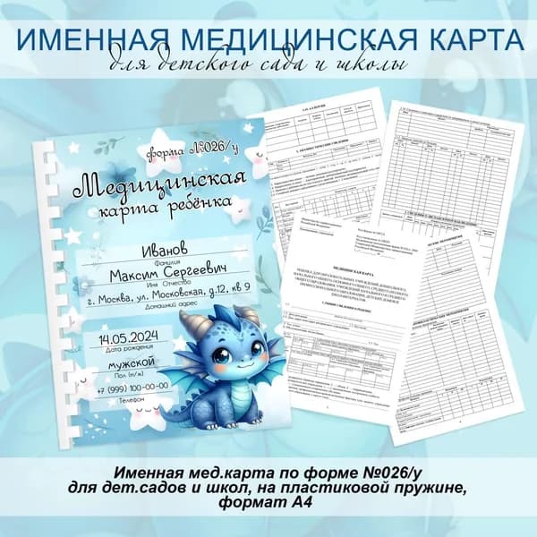 Именная мед.карта в детский сад/школу А4 на пластиковой пружине "Дракоша мальчик"