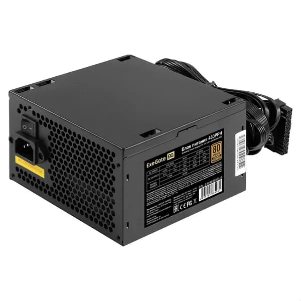 ExeGate EX298359RUS Блок питания 450W 80 PLUS Bronze 450PPH (ATX, APFC, КПД 88% (80 PLUS Bronze), 12cm fan, 24pin, (4+4)pin, 2xPCI-E, 3xSATA, 3xIDE, black, Color Box)
