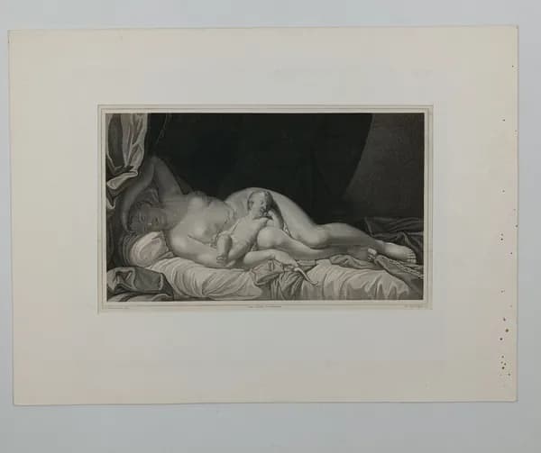 Гравюра на стали "Спящие Венера и Амур" 1880-1890е годы. В паспарту. Изображение 22,5х13,5. Лист 26х20. паспарт 26х35