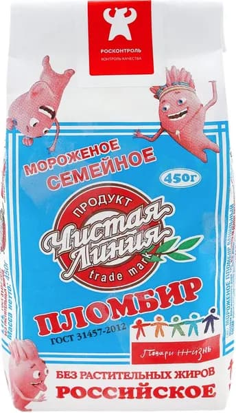 Мороженое ЧИСТАЯ ЛИНИЯ Семейное пломбир ванильный 12%, без змж, пакет, 450г