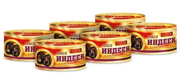 Мясо индейки в собственном соку СОВОК 325г, упаковка 6 банок