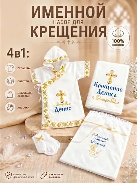 Именной крестильный набор для Дениса в золоте