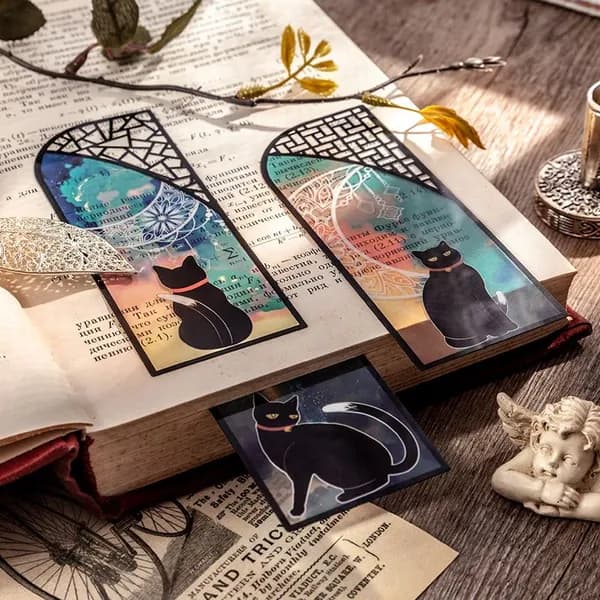 Закладки для книг "Кот и луна", прозрачные закладки винтажные с узорами, набор 6 штук.