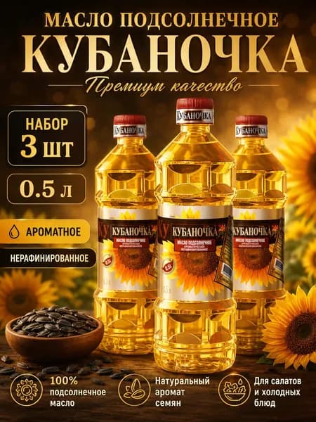 Масло подсолнечное нерафинированное ароматное 3 бутылки по 0,5 л, растительное масло для салатов, заправки и домашней кухни 1,5 л