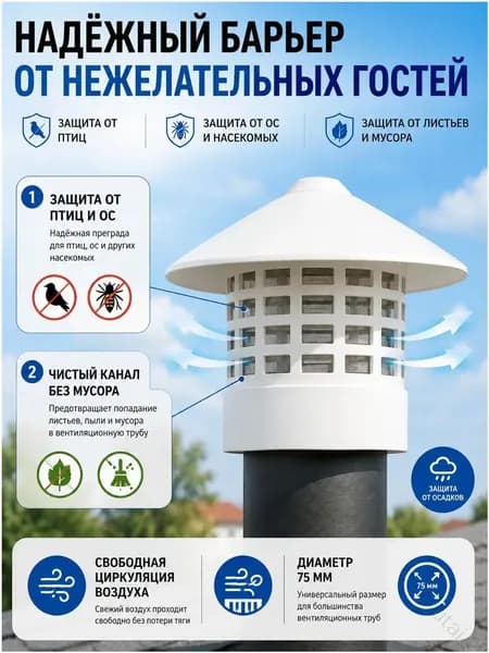 грибок на трубу 75мм, грибок-крышка для канализации и септика-защитный зонт ПВХ, оголовок вытяжки для частного дома
